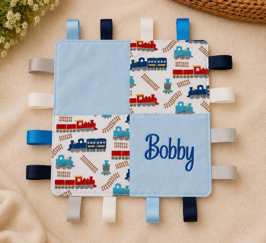 Personalised Taggie Blanket | Sensory Ribbon Blanket | Newborn Gift | Baby Shower Gift | Train Theme Comfort Blanket