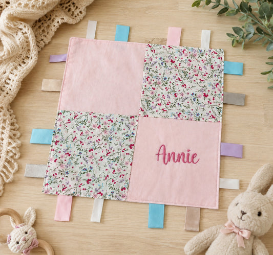 Personalised Taggie Blanket | Sensory Baby Ribbon Blanket | Newborn Gift | Baby Shower Gift | Floral Theme Comfort Blanket