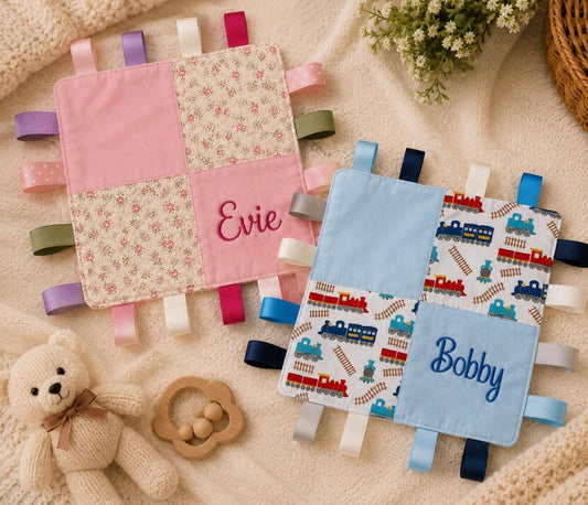 Personalised Taggie Blanket | Sensory Baby Ribbon Blanket