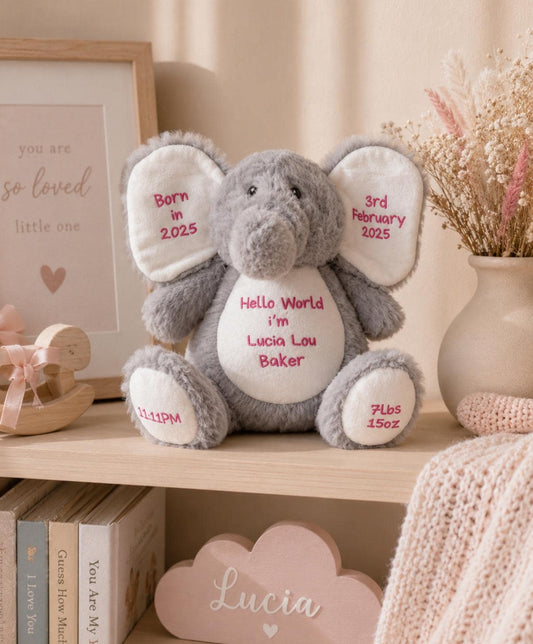 Personalised Elephant Plush with Birth Details | Baby Keepsake Teddy | Newborn Announcement Gift